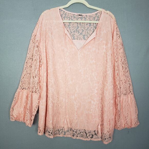 Bubble Sleeve Sheer Lace Overlay Blouse Pastel Pink Soft Girl Coquette Plus 2X - Picture 1 of 8